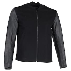 Sandro- Sandro Paris Zipped Jacket in Black Wool and Leather-Black