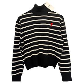 AMI Paris Pull à col roulé rayé Ami de Coeur en laine mérinos Noir Blanc
