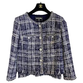 Chanel-CHANEL 18P BLUE FANTASY TWEED LESAGE JACKET FR 42-Silvery,White,Blue,Navy blue
