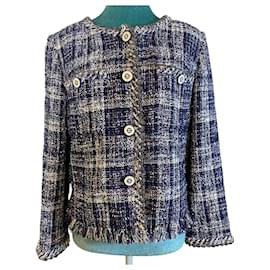Chanel-CHANEL 18P BLUE FANTASY TWEED LESAGE JACKET FR 42-Silvery,White,Blue,Navy blue