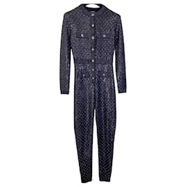 Chanel-Stunning Chanel 21K Beaded Crystal Sequin Navy Black Iridescent Jumpsuit FR 36-Black,Multiple colors,Metallic,Navy blue