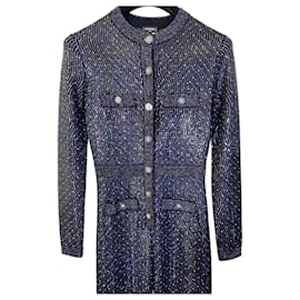 Chanel-Stunning Chanel 21K Beaded Crystal Sequin Navy Black Iridescent Jumpsuit FR 36-Black,Multiple colors,Metallic,Navy blue