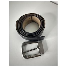 Chanel-Chanel Men's Belt, Calfskin, metal buckle-Black,Silver hardware