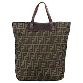 Fendi-FENDI Zucca Canvas Tote Bag Brown Black Auth 109152-Brown,Black