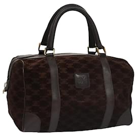 Céline-CELINE Macadam Canvas Hand Bag Suede Leather Brown Gold Auth 105600-Brown,Golden