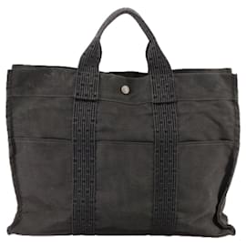 Hermès-HERMES Her Line MM Hand Bag Canvas Gray Auth 108976-Brown