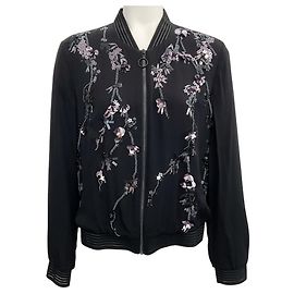 Elie Tahari Black Silk Bomber Jacket with Sequins Black