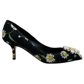 Dolce & Gabbana-Dolce & Gabbana Black Daisy Jacquard Pumps with Stones-Black