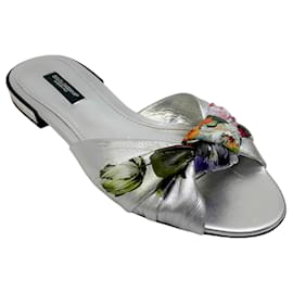 Dolce & Gabbana-Dolce & Gabbana Silver Floral Flat Slide Sandals-Silvery