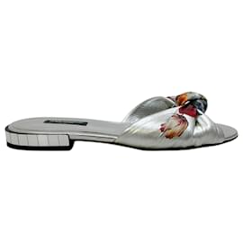 Dolce & Gabbana-Dolce & Gabbana Silver Floral Flat Slide Sandals-Silvery