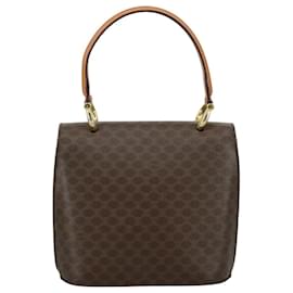 Céline-CELINE Macadam Canvas Hand Bag PVC Leather Brown Gold Auth 105628-Brown,Golden