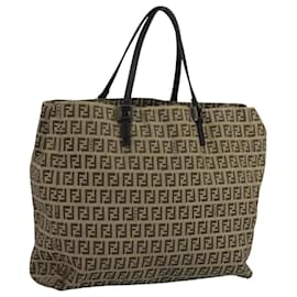Fendi-FENDI Zucchino Canvas Tote Bag Beige Brown Silver Auth 109192-Brown,Silvery,Beige