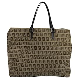 Fendi-FENDI Zucchino Canvas Tote Bag Beige Brown Silver Auth 109192-Brown,Silvery,Beige