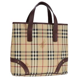 BURBERRY Nova Check Tote Bag PVC Leather Beige Auth 107619 Beige