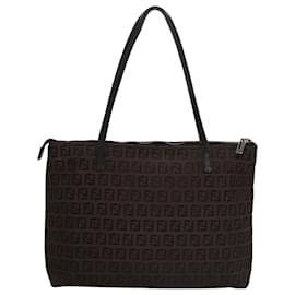 Fendi-FENDI Zucchino Canvas Tote Bag Brown Black Auth 107967-Brown,Black