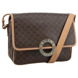 Céline-CELINE Macadam Canvas Shoulder Bag PVC Leather Brown Gold Auth 105763-Brown,Golden