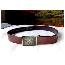 Levi's-LEVI STRAUSS & Co Original Reveted Brown Cowhide Leather Belt, Black Metal Buckle-Brown