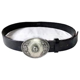 Levi's-Cowboy Western Black Cowhide Leather Belt, Silver Metal Buckle-Black