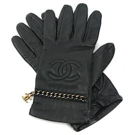 Chanel-Chanel Coco Mark Leather and Metal Gloves-Black,Golden