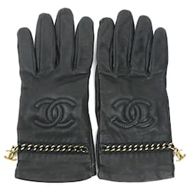 Chanel-Chanel Coco Mark Leather and Metal Gloves-Black,Golden