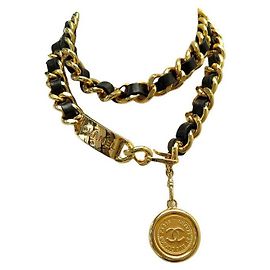 VINTAGE CHANEL CC MEDALLION BELT INTERLACED LEATHER 80 GOLD METAL Golden