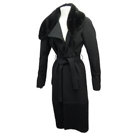 THIERRY MUGLER-MANTEL MIT MINKFELLKRAGEN GRÖSSE 36 SCHWARZE VIRGINWOLLE Schwarz