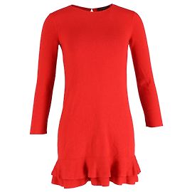 Louis Vuitton Ruffled-Hem Mini Long Sleeve Dress in Red Wool Red