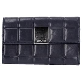 Chanel-Chanel Chocolate Bar Long Wallet in Navy Blue Leather-Blue,Navy blue