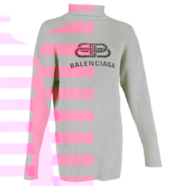Balenciaga-Balenciaga Oversized Ribbed Logo-Print Rollneck Sweater in Pink Cotton-Brown,Pink