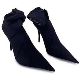 Balenciaga-Black All Over Logo Naked Bootie Heeled Sock Shoes Size 41-Black