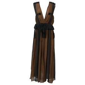 Vestido maxi plissado com decote profundo Chloé em chiffon de seda marrom e preto Marrom