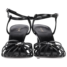 Céline- Celine Triomphe Caged Toe Ankle Strap Heels in Black Lambskin Leather-Black