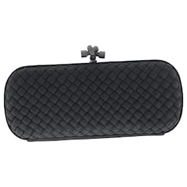 Bottega Veneta- Bottega Veneta Long Knot Intrecciato Clutch Bag in Black Satin-Black
