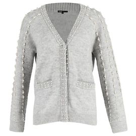Maje Cardigan cinza em acrílico com detalhes em pérolas e bolsos Cinza