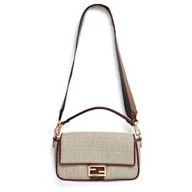 Fendi-Fendi Sac Baguette Medium Canvas and Leather Shoulder Bag with 2 straps New-Écru