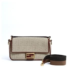 Fendi-Fendi Sac Baguette Medium Canvas and Leather Shoulder Bag with 2 straps New-Écru