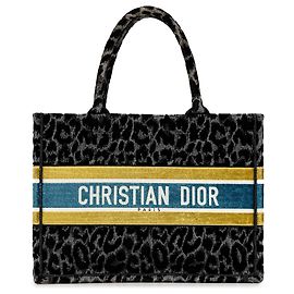 Dior Black Mizza Medium Embroidered Canvas Leopard Book Tote Black