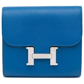 Hermès Blue Evercolor Constance Slim Compact Wallet Blue