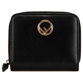 Fendi-Fendi Black F Is Fendi Leather Zip Around Bifold Compact Wallet-Black
