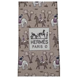 Hermès-Hermès Brown Elephant Printed Silk Necktie-Brown,Taupe