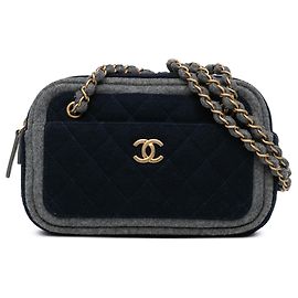 Chanel Blue CC Wool Shoulder Bag Blue Navy blue