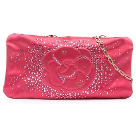 Clutch de cetim rosa Chanel com camélia de diamante e corrente Rosa Outro