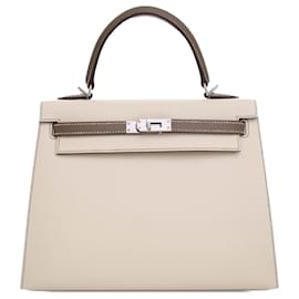 Hermès-Hermès White Special Order Bicolor Epsom Kelly II Sellier 25-White,Cream