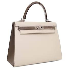 Hermès-Hermès White Special Order Bicolor Epsom Kelly II Sellier 25-White,Cream
