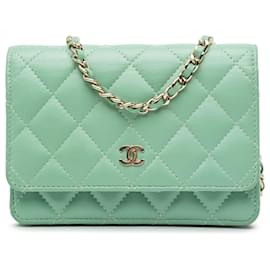Chanel-Chanel Green Mini CC Quilted Lambskin Wallet On Chain-Green,Light green