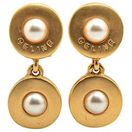 Céline-Celine Gold Gold Plated Faux Pearl Drop Clip On Earrings-Golden