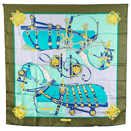 Hermès-Hermès Green Harnais De Cour Silk Scarf-Green