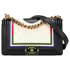 Chanel-Chanel White Medium Multicolor Lambskin Crest Boy Flap-White,Cream