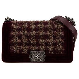 Chanel Rosso Vecchio Medio in Velluto e Tweed Boy Flap Rosso Bordò