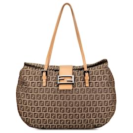 Fendi-Fendi Brown Zucchino Canvas Double Flap Tote-Brown,Beige